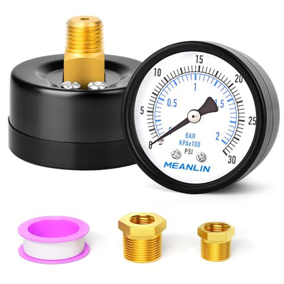 0-30Psi 2" DIAL FACE 1/4" NPT Well Pump Pressure Gauge, with 1/2" NPT and 3/8" NPT Hex Bushing, 3-2-3% Accuracy, Center Back Mount - size: 0-30Psi, style: 1/4"NPT Back Mount