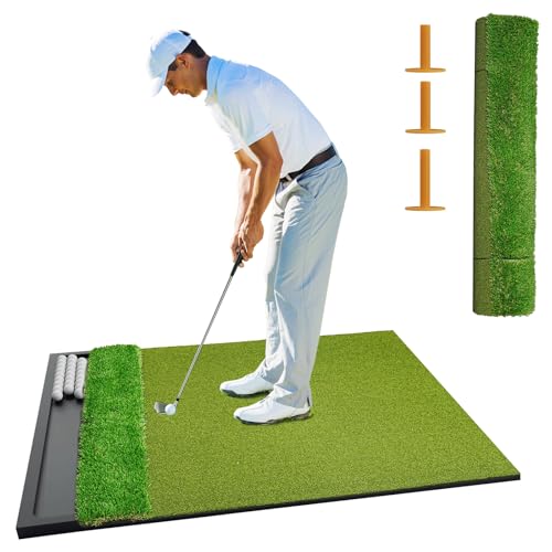Golf Hitting Mat with Ball Tray 5x4ft - 6x4ft Dual-Turf Practice Mat for Indoor & Outdoor Use Golf Training Mat with Rubber Tee Holes, Suitable for Swing Driving & Chipping - size: 6 x 4 ft - 1.22"