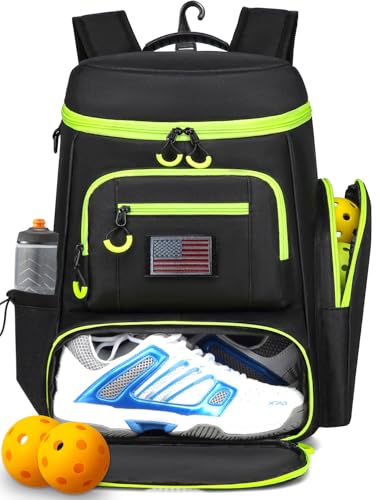 HAMBOLY Pickleball Bag for Men & Women, Large Pickleball Backpack with Shoes Compartment and Cooler, Fence Hook Design - color: Black + Green
