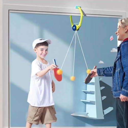 Door Ping Pong Game Over The Door, Adjustable Doorway Game Pingpong Trainer, Door Jam Pingpong Starter Kit, Portable Table Tennis Exerciser Set with Racket and Balls