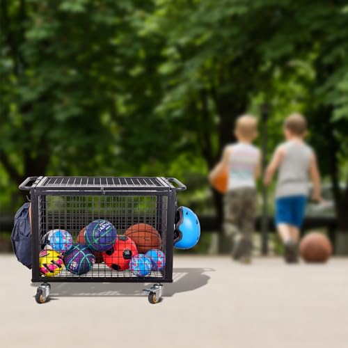 MyGift Black Metal Rolling Sports Ball Storage Cart for Playground, Dodge Ball, Basketball, Soccer Ball Gym Basket Equipment Cart with Lockable Latch, Caster Wheels and 4 Hooks