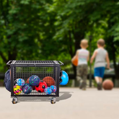 MyGift Black Metal Rolling Sports Ball Storage Cart for Playground, Dodge Ball, Basketball, Soccer Ball Gym Basket Equipment Cart with Lockable Latch, Caster Wheels and 4 Hooks