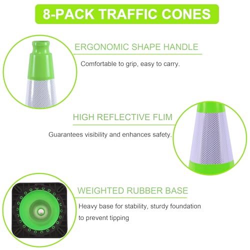 OrangeStar 8 Pack 18" Green Traffic Safety Cones, PVC Parking Cone Construction Cones w/Reflective Collar, Heavy Duty Base for Driving Practice, Parking Lots and Roadwork