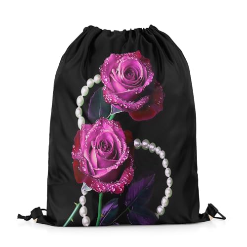 Castle Fairy Red Rose Flowers Drawstring Backpack Bag,Luxury Pearls Jewels String Bag Sackpack,Elegant Flowers Water Resistant Backpack for Gym Shopping Sport Yoga,Black Red - color: Black Red