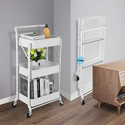 Foldable 3 Tier Metal Utility Rolling Cart, Folding Mobile Multi-Function Storage Trolley Organizer Cart for Home Library Office(White) - color: White