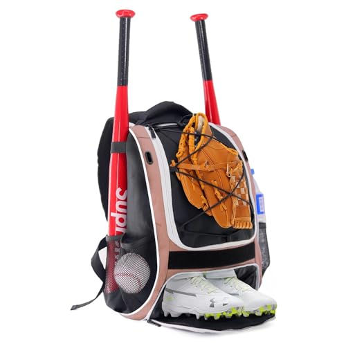 WOLT Youth Baseball Bag - Bat Backpack for Baseball, T-Ball & Softball Equipment & Gear, Bat & Glove Holder, Large Main Compartment for Helmet & accessories, Separate Shoes Compartment, Fence Hook - color: Lightpink