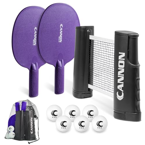 Cannon Sports Table Tennis Set – 2 Unbreakable Paddles, 6 3-Star Balls, Retractable Net & Carry Bag – Clamp-On Portable Ping Pong Net Fits Tables up to 2 Inch Thick, Extends to 6 Feet