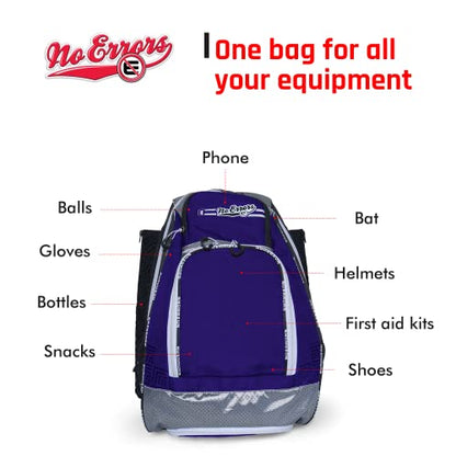 No Errors Sports RBP Rookie Baseball and Softball Backpack - Youth Baseball and Softball Bat Bag with Fence Hooks - Baseball and Softball Equipment Bag for Kids - color: Purple