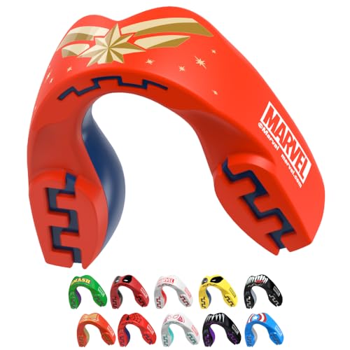 Marvel Captain Marvel Metallic Mouth Guard, Dual Layer Mouthguard for Youth with Case, Easy Fit Remoldable Mouthpiece for Football, Boxing, Lacrosse, MMA & All Contact Sports (Kids <11 Years, Red) - color: Captain Marvel, size: Junior (up to 11 Year)