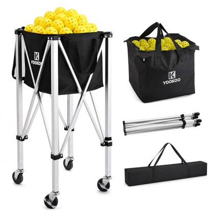 YooKoo Pickleball Basket with Lockable Wheels, Collapsible Pickleball Hopper Holds Up to 100 Balls, Sports Equipment Organizer Suitable for Ball Court, School, Garage