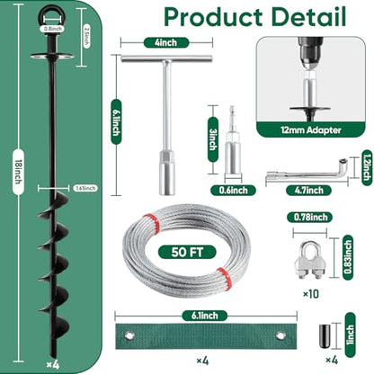 18'' Ground Anchors Screw in Heavy Duty, Shed Anchor Kit with Straps & Steel Cable & Tools, Earth Anchors for Mobile Home, Carports, Swing Set, Tree, Trampoline - Secure Against High Winds(4)