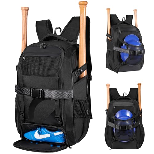 Large Baseball Backpack for Adult Youth 42L Softball Bat Bag with Detachable Adjustable Helmet Mesh Pocket Fit Basketball Soccer Volleyball Baseball Equipment Bag for Men Women 12+ Boys Girls - color: Black