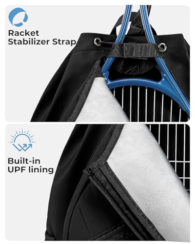 Drawstring Tennis Backpack, Puffer Tennis Racket Bag with Shoe Compartment & Wet Pocket Gym Bag for Women, Suitable for Pickleball Tennis Badminton - color: Black