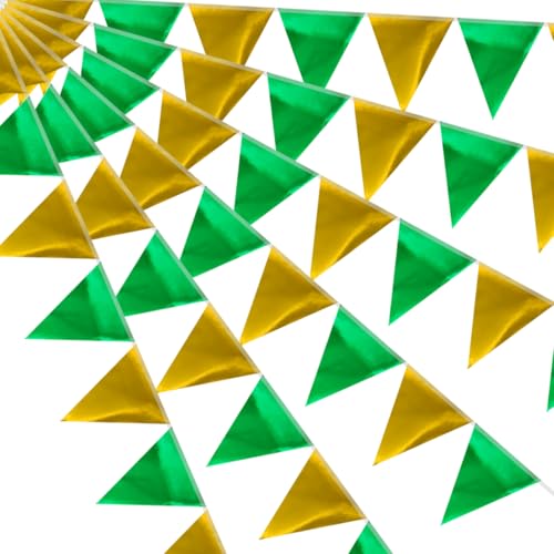 64ft Sage Green Gold Triangle Pennant Banner Flag Metallic Paper Bunting Garland for Hanging Backdrop Birthday Party Decorations Graduation Bachelorette Bridal Wedding New Year Shower Party Supplies - color: Green Gold
