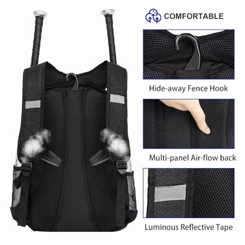 DAFISKY Baseball Bag Softball Backpack - Youth Adult T Ball Bat Equipment Bag with Bat Helmet Holders, Shoe Compartment - color: Black