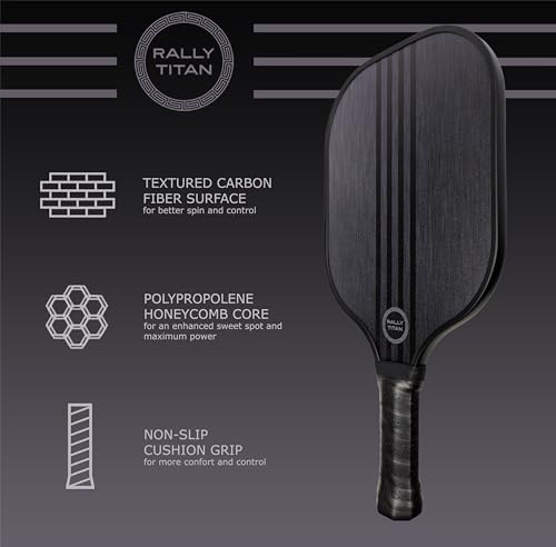 Pickleball Paddle | T300 Textured Carbon Fiber Surface | Polypropylene Honeycomb Composite Core | Cushion Grip | Single Paddle with Cover from Rally Titan for Men & Women