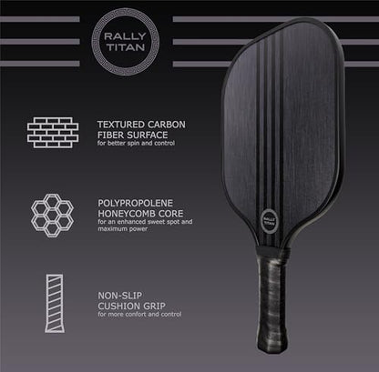 Pickleball Paddle | T300 Textured Carbon Fiber Surface | Polypropylene Honeycomb Composite Core | Cushion Grip | Single Paddle with Cover from Rally Titan for Men & Women
