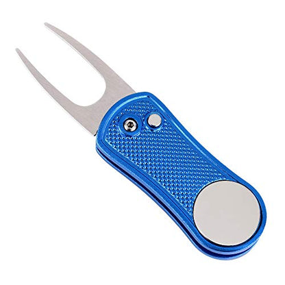 Mile High Life Golf Divot Repair Tool, All Metal Foldable Divot Tool with Pop-up Button & Magnetic Ball Marker - color: Blue Undulate