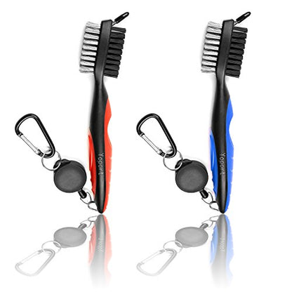 Yoport® Golf Club Brush and Club Groove Cleaner 2 Ft Retractable Zip-line Aluminum Carabiner, Lightweight and Stylish, Ergonomic Design, Easily Attaches to Golf Bag - color: Red+blue