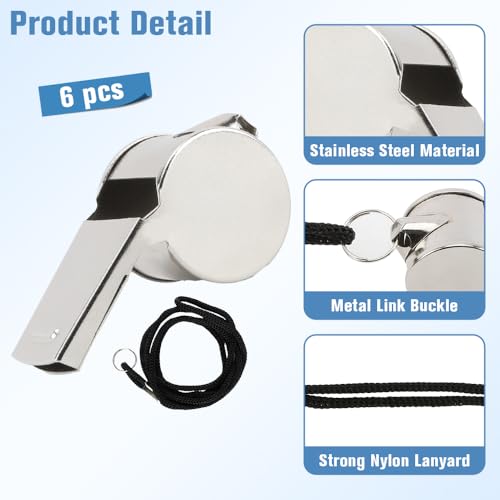 Whistle, 6 PCS Whistle for Coaches Stainless Steel Whistles with Lanyard Referee Whistle Emergency Coach Whistles Teacher Whistle Loud Crisp Sound Whistle for Adults Teachers Sports Pet Training