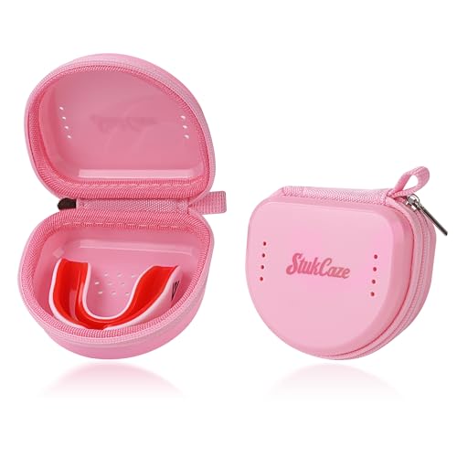 Mouth Guard Case with Zipper, Portable Carrying Retainer Mouthguard Case for Youth Football, Breathable Mouth Guard Boxing with Climbing Clip, Travel Storage Adult & Youth Sizes Pink