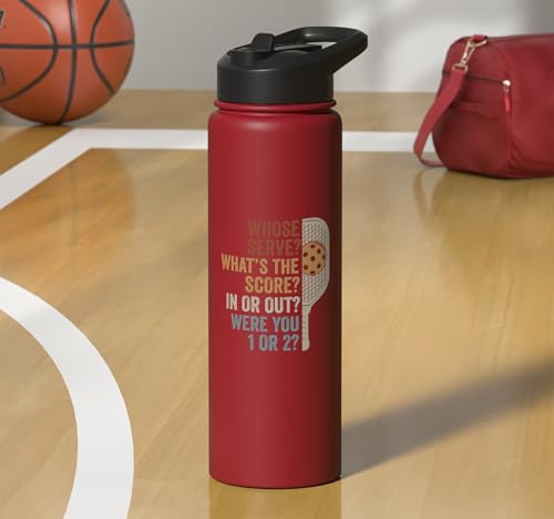 Whose Serve What's the Score Funny Pickleball Questions Stainless Steel Insulated Water Bottle - color: Red