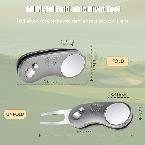 Mile High Life Golf Divot Repair Tool, All Metal Foldable Divot Tool with Pop-up Button & Magnetic Ball Marker - color: Gray Curve