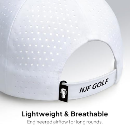 NJF Golf Hat Men - Breathable Mens Golf Hats, Adjustable Rope Hook and Loop Style Cap, Convenient Cap with Tee Holder - color: Arctic White
