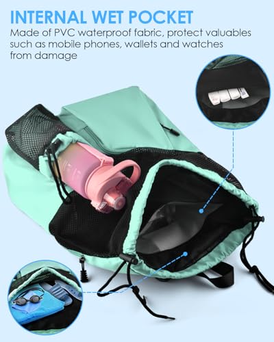 BROTOU Swim Bag Beach Backpack with Wet Pocket Mesh Drawstring Bags for Swimming, Gym - color: Mint Green