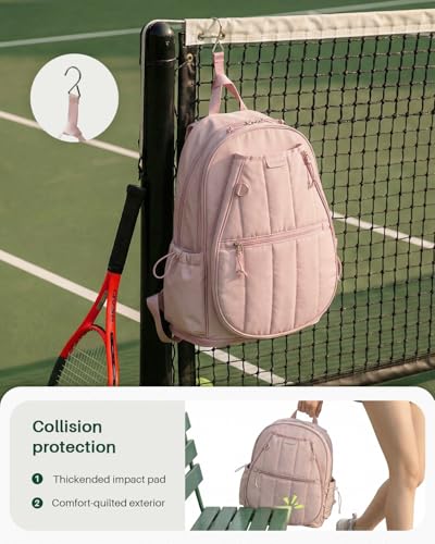 Quilted Tennis Gym Backpack for women Tennis Bag Holds 2 Rackets with Top Panel & Ventilated Shoe Compartment Sports Duffle Bags with Wet Pocket & Fence Hook - color: Pink