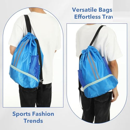 Drawstring Gym Bag with Shoe Compartment and Side Mesh Pockets, Waterproof Sports Drawstring Backpack, Wet and Dry Separation String Backpack for Women Men, Suitable for Fitness, Swimming, Football