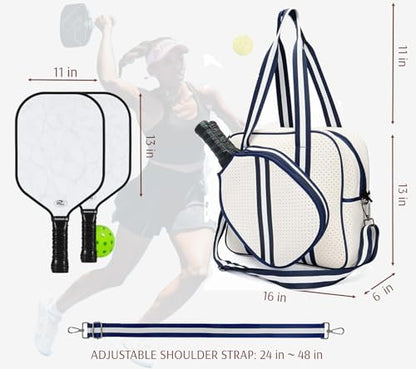 Pickleball Sports Tote Bag with Racket Holder, Neoprene, Adjustable Shoulder Strap - color: White