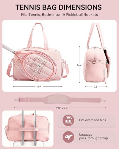 Tennis Tote Bag for Women – Waterproof Lightweight Travel Gym Bag with Shoulder Strap, Holds 2 Rackets, Pickleball & Badminton Bag with Shoe Compartment, Wet/Dry Separation, Fits 15.6" Laptop
