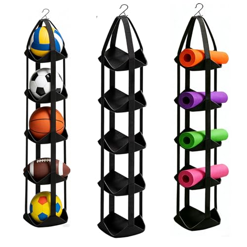 BOXIN 5-Tier Hanging Ball Storage Organizer with Hook for All Sports Balls, Sports Equipment Organizer Holder Toy Organizers, Vertical Hanging Storage,Space-Saving,Home Gym Decor,Yoga Mat Holder
