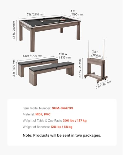 VEVOR 7ft 3-in-1 Multi Game Table with Dining, Pool, and Tennis Table, for Family Game Room Adults, Includes Full Set of Accessories, - style: 2 Benches for Storage and Accessories
