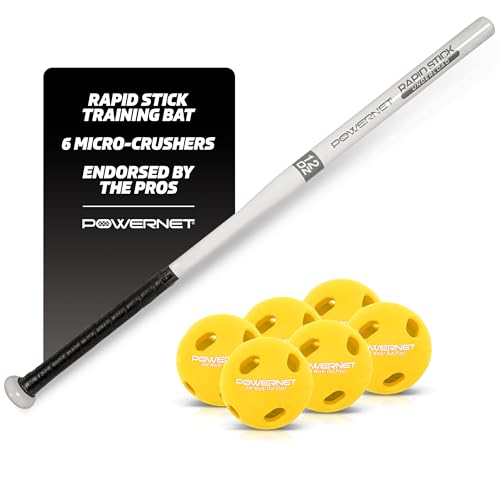 PowerNet Overload and Underload Training Bats, Rapid Stick or Overload Bat, Slim Barrel Design, Build Hand-Eye Coordination - color: White Rapid Stick w/ 6 Micro Crushers