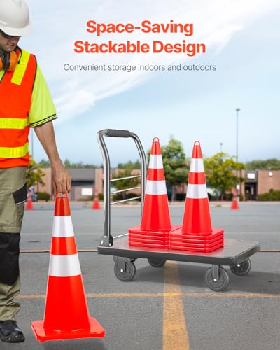 VEVOR Safety Cones, 10PCS 28" Traffic Cones, PVC Orange Construction Cones, 2 Reflective Collars Traffic Cones with Weighted Base and Hand-Held Ring Used for Traffic Control, Driveway Road Parking