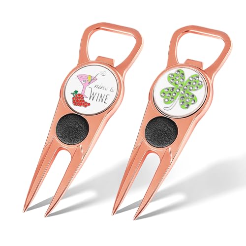FINGER TEN Golf Divot Repair Tool and Ball Marker 7-in-1 Value 2 Pack, Premium Leather Grip Tools with Belt Clip, Club Tee, Club Groove Cleaner, Bottle Opener, Putting Alignment Guide - color: Rose Gold