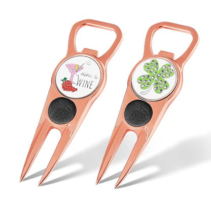 FINGER TEN Golf Divot Repair Tool and Ball Marker 7-in-1 Value 2 Pack, Premium Leather Grip Tools with Belt Clip, Club Tee, Club Groove Cleaner, Bottle Opener, Putting Alignment Guide - color: Rose Gold