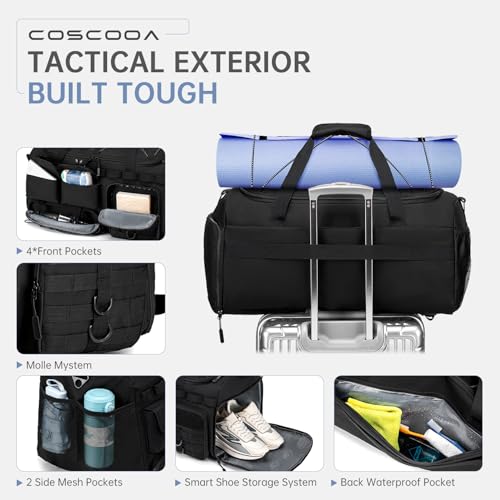 Gym Bags for Men with Shoe Compartment 60L Tactical Duffle Bag 3 in 1 Carry on Duffel Bag Travel Backpack Weekender Overnight Range Bag for Workout Football, Black