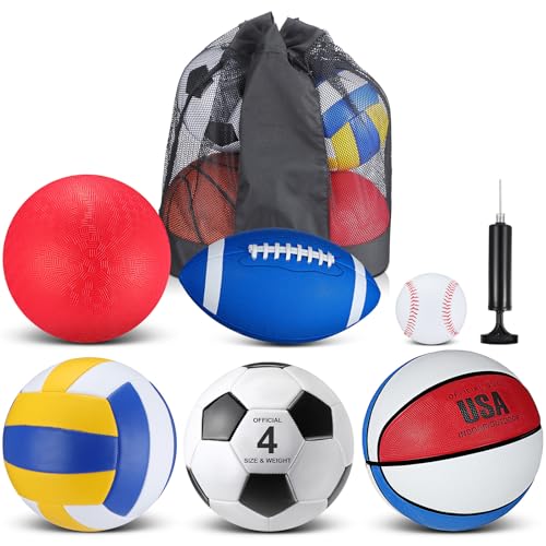 Realspring 6 Pcs Kids Sport Ball Set Includes Official Size Soccer, Basketball, Football, Volleyball, Playground Ball, Baseball with Bag & Pump Back to School Gift for Teens Outdoor Sport Play