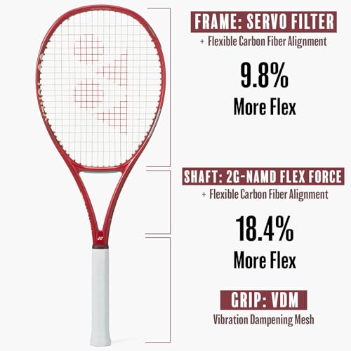 YONEX VCORE 95 Tennis Racquet for Advanced Players | Responsive Spin Racquet with Large Sweet Spot, 16x20 String Pattern & 95in Head | Aerodynamic Spin & Powerful Snapback, Ruby Red, Grip 3 (4 3/8") - size: Grip 3 (4 3/8")
