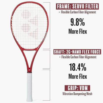 YONEX VCORE 95 Tennis Racquet for Advanced Players | Responsive Spin Racquet with Large Sweet Spot, 16x20 String Pattern & 95in Head | Aerodynamic Spin & Powerful Snapback, Ruby Red, Grip 3 (4 3/8") - size: Grip 3 (4 3/8")