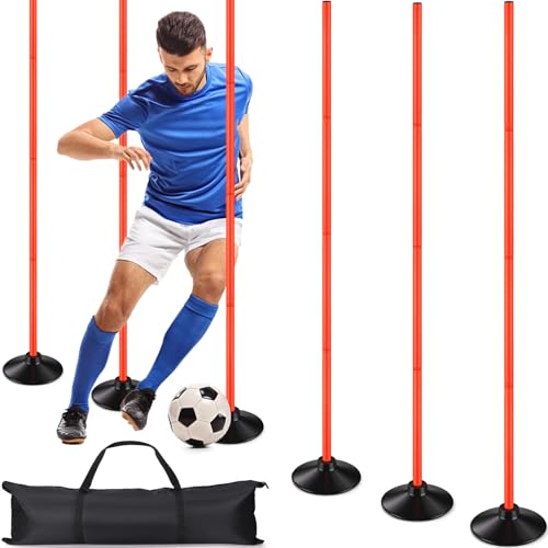TOBWOLF 6PCS 5.3FT Adjustable Soccer Agility Poles with Rubber Bases, Detachable Soccer Training Poles, Soccer Sticks with Organizer Bag for Football, Rugby, Basketball, Turf, Indoor & Outdoor
