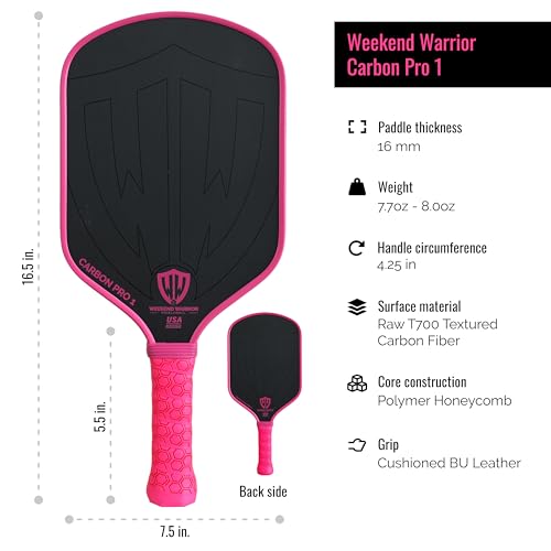 Paddle - USAPA Approved - T700 Carbon Fiber for Ultimate Spin - Elongated Handle and Shape for Power - Paddle Cover, Paddle Eraser, Lead Tape, Sweatband Included - color: Pink