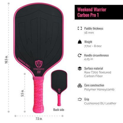 Paddle - USAPA Approved - T700 Carbon Fiber for Ultimate Spin - Elongated Handle and Shape for Power - Paddle Cover, Paddle Eraser, Lead Tape, Sweatband Included - color: Pink