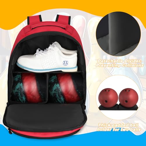 Goloni 2 Ball Bowling Backpack,Bowling Ball Bag with Shoe Compartment & Portective Foam Padded, Fits Shoes Up to US Size 16 - color: Red