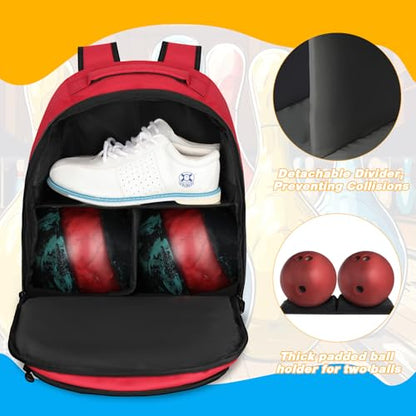 Goloni 2 Ball Bowling Backpack,Bowling Ball Bag with Shoe Compartment & Portective Foam Padded, Fits Shoes Up to US Size 16 - color: Red