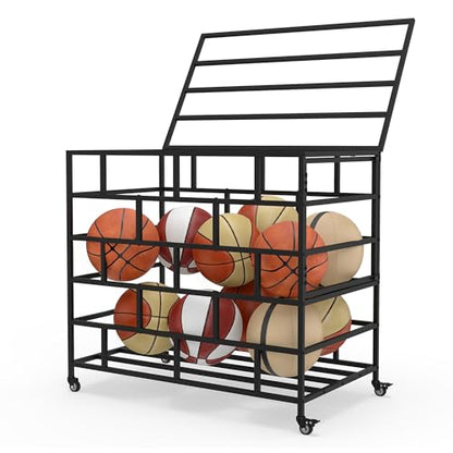 Ball Storage Cart, Lockable Rolling Basketball Storage Bin & Organizer with Wheels, Secure Sports Exercise Ball Cart Holder for Gym, School, Club, Indoor Outdoor Use