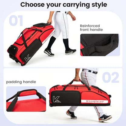 Catchers Gear Bag with Wheels for 4 Bats, Rolling Baseball Softball Bag With Multi-Pockets, Fence Hook, Holds All Baseball Equipment. - color: Red